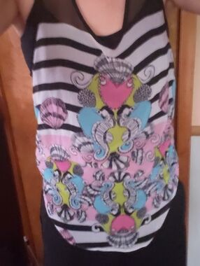 Bisou Bisou Striped Tank with Pink, Blue, Lime and Black Graphic